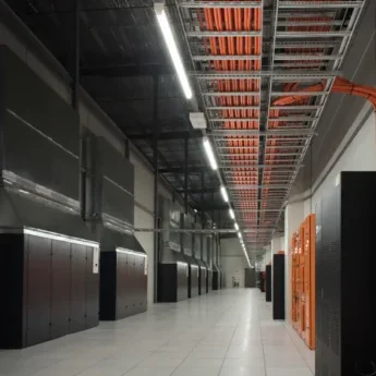 Long corridor in a high-security data centre with server cabinets and overhead cabling