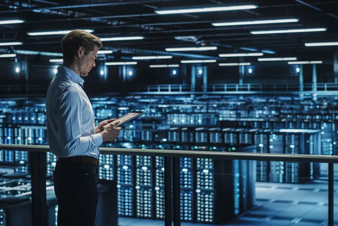 Facility manager looking over data centre monitoring performance