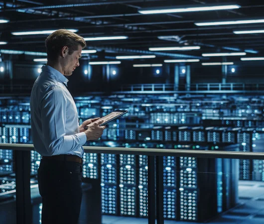 Data centre manager reviewing performance